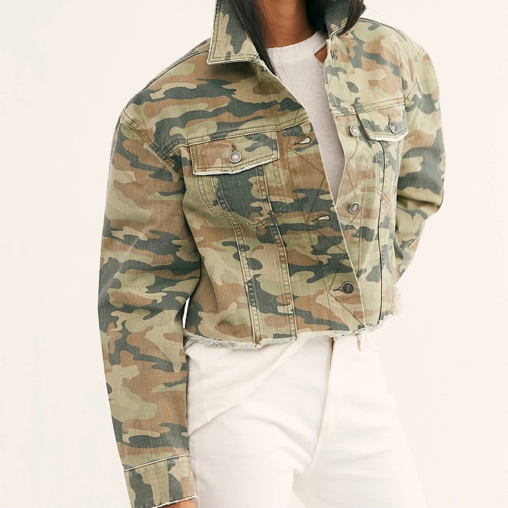 Free People Cropped Camo Denim Jacket in Green & Tan